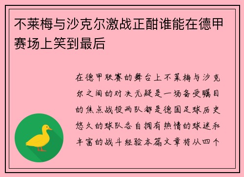 不莱梅与沙克尔激战正酣谁能在德甲赛场上笑到最后