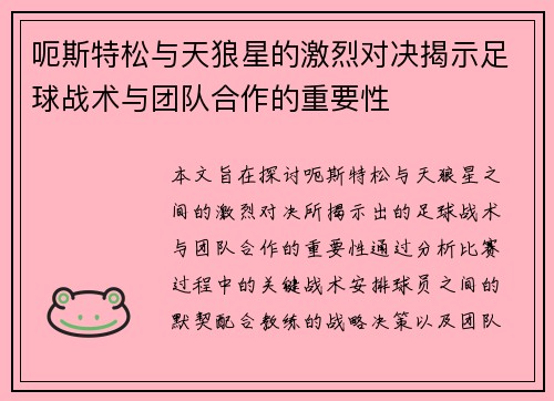呃斯特松与天狼星的激烈对决揭示足球战术与团队合作的重要性